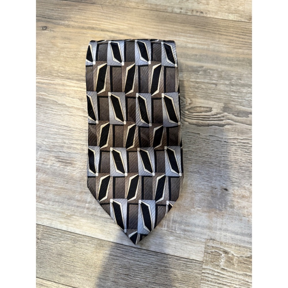 J. Ferrar Mens Necktie 100% Silk Geometric Abstract Brown Grey OS